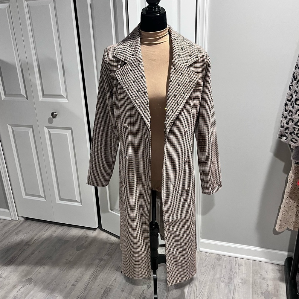 VENUS Houndstooth Longline Trench Coat Chic Neutral Plaid Jacket - Picture 2 of 12